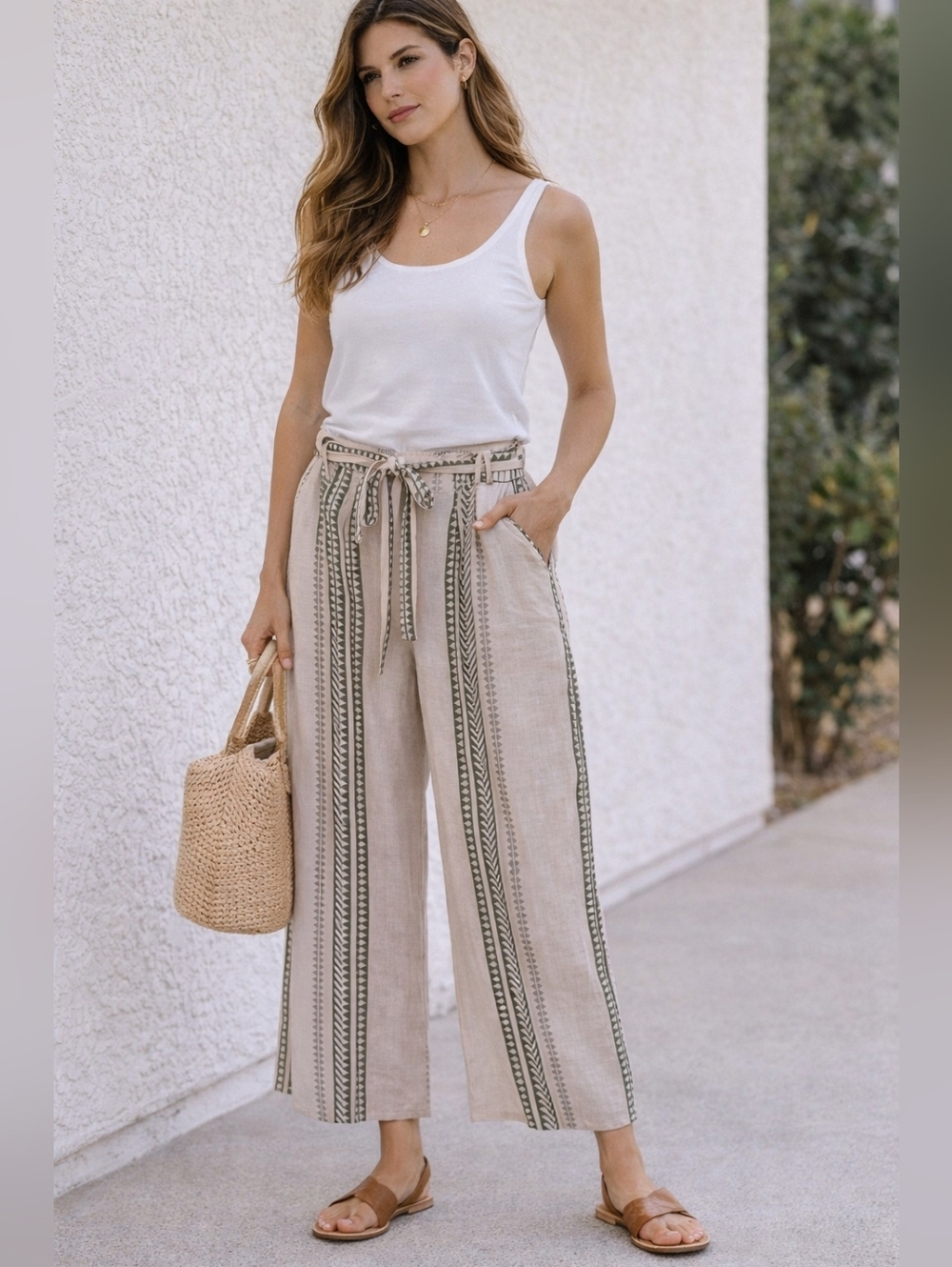Elena Baldi Linen Wide Leg Pants M Made in Italy Beige Green Geometric Print Tie